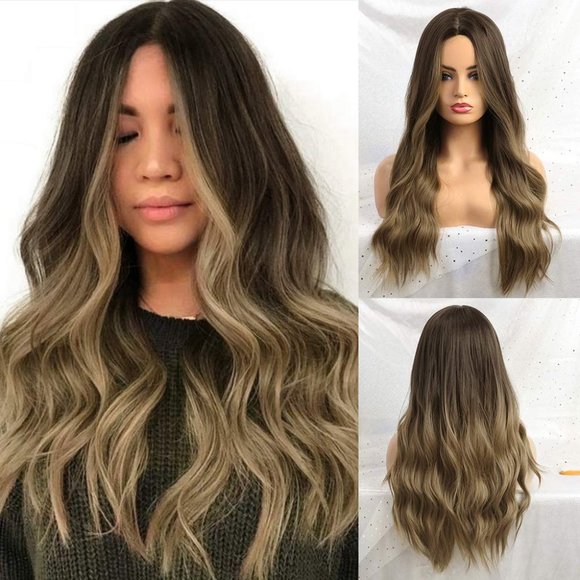 Long Wavy Synthetic Wigs Ombre Brown Middle Part